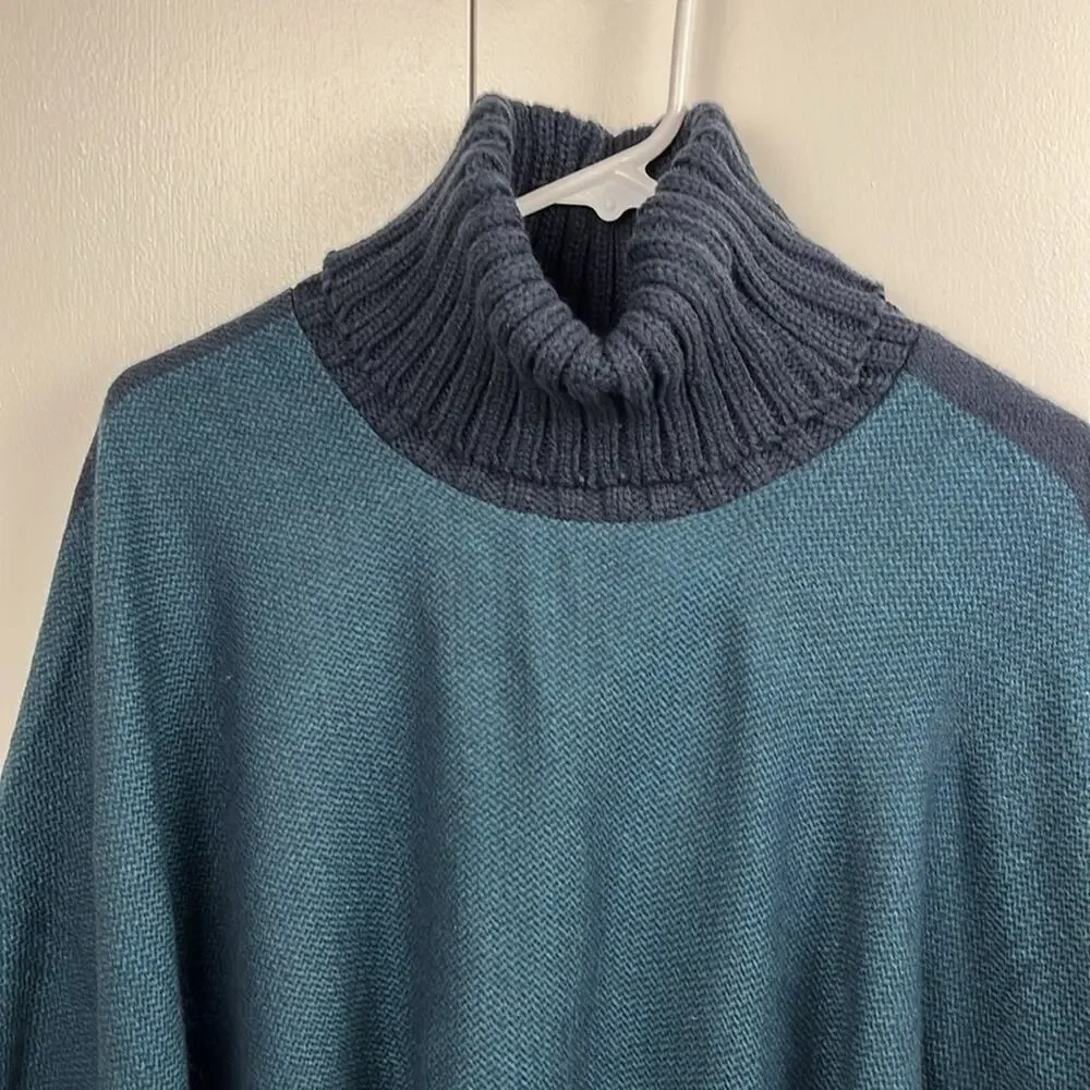 Tahari Poncho Ribbed Turtleneck Blue Fringed